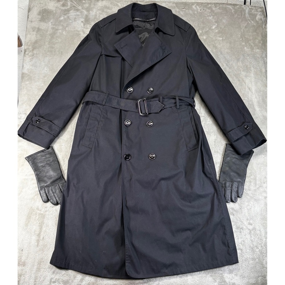 American Apparel DSCP Trench Coat Mens 40L Black Belted With Gloves All weather